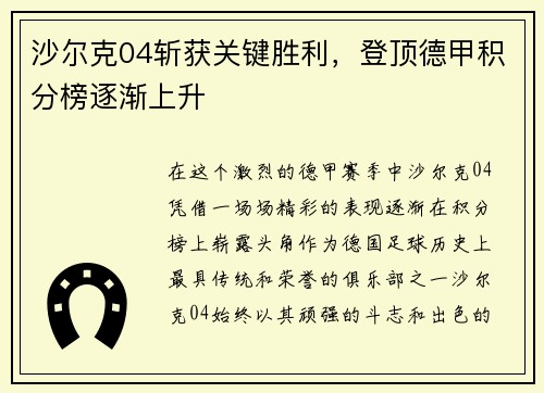 沙尔克04斩获关键胜利，登顶德甲积分榜逐渐上升