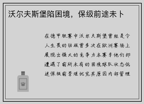 沃尔夫斯堡陷困境，保级前途未卜
