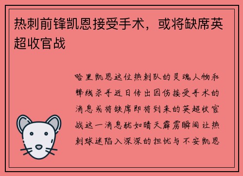 热刺前锋凯恩接受手术，或将缺席英超收官战