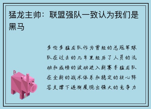 猛龙主帅：联盟强队一致认为我们是黑马