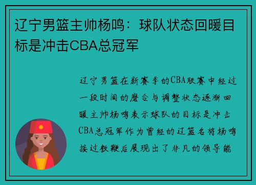 辽宁男篮主帅杨鸣：球队状态回暖目标是冲击CBA总冠军