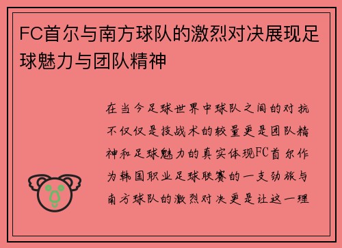 FC首尔与南方球队的激烈对决展现足球魅力与团队精神
