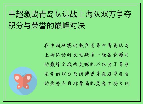 中超激战青岛队迎战上海队双方争夺积分与荣誉的巅峰对决