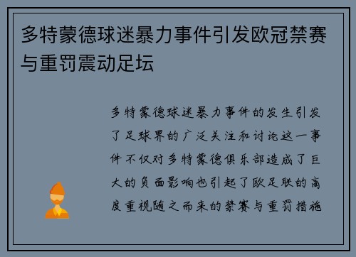 多特蒙德球迷暴力事件引发欧冠禁赛与重罚震动足坛