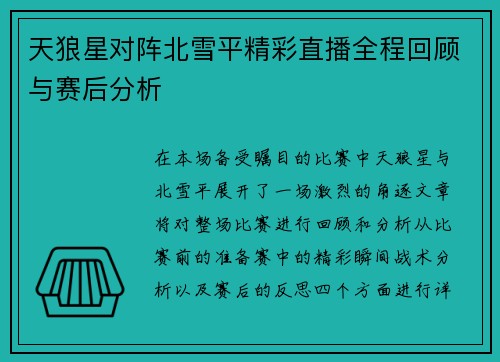 天狼星对阵北雪平精彩直播全程回顾与赛后分析