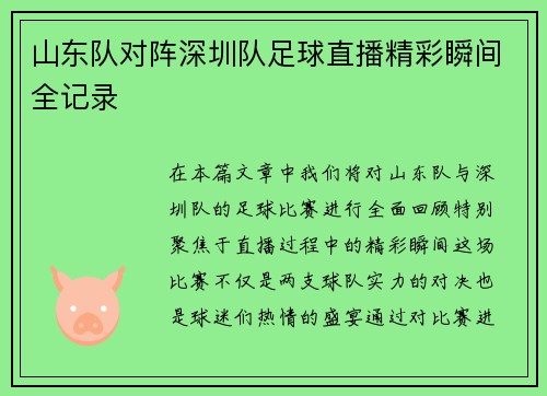 山东队对阵深圳队足球直播精彩瞬间全记录